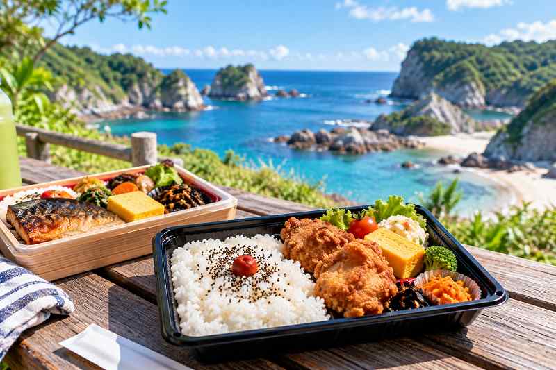海辺の絶景と彩り弁当
